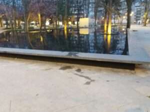 Reflejos en el agua del jardín de la estación de Palencia que invitan a la reflexión